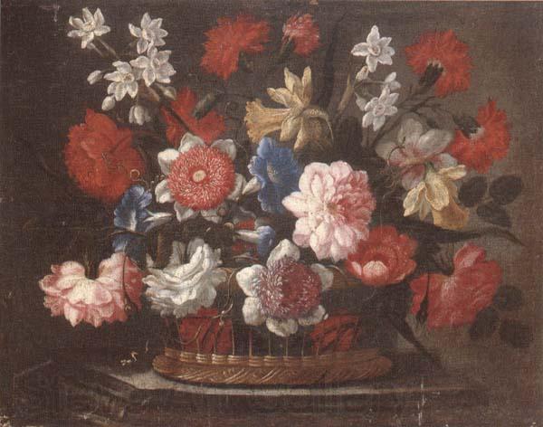 unknow artist Still life of various flowers in a wicker basket,upon a stone ledge